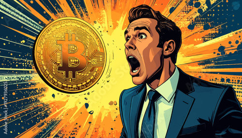 A vintage illustration of a shocked businessman reacting to a large retro-style bitcoin explosion in the background