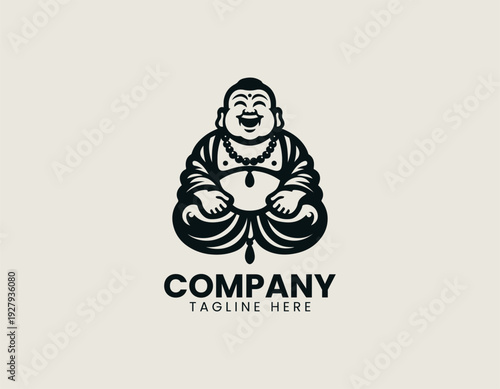 Laughing Buddha character sitting with prayer beads is presented as clean monochrome vector logo on white background for spiritual and wellness branding use