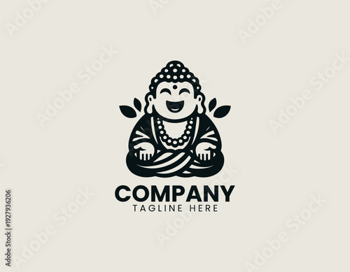 Laughing Buddha character sitting with prayer beads is presented as clean monochrome vector logo on white background for spiritual and wellness branding use