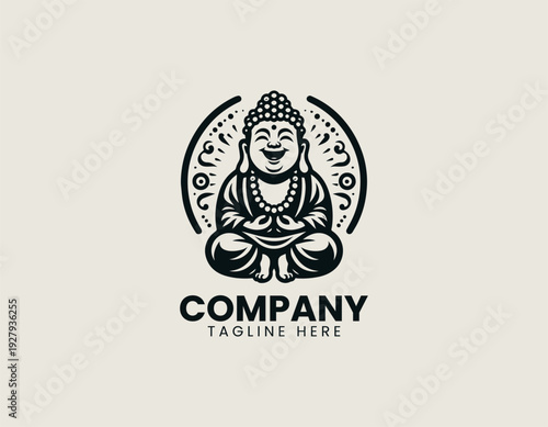 Laughing Buddha character sitting with prayer beads is presented as clean monochrome vector logo on white background for spiritual and wellness branding use