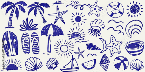 Blue doodle illustration featuring various summer and beach themed elements