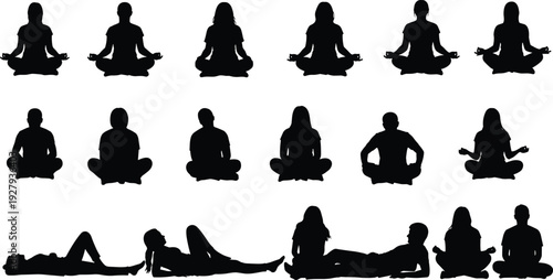 Black Silhouette Vector Set of People Sitting Meditating and Posing in Various Thoughtful Poses Representing Mental Health Wellness Mindfulness Solitude and Peaceful Spiritual Reflection