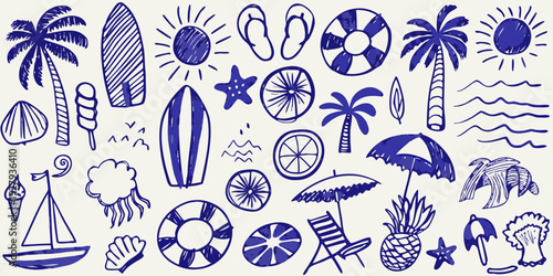 Blue doodle illustrations depicting summer vacation and seaside elements