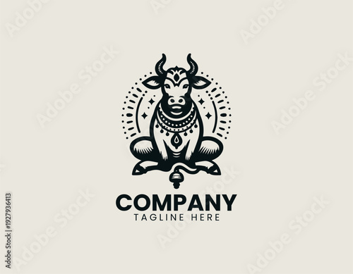 Sacred cow sitting calmly with decorative necklace and bell is presented as bold monochrome vector logo on clean white background