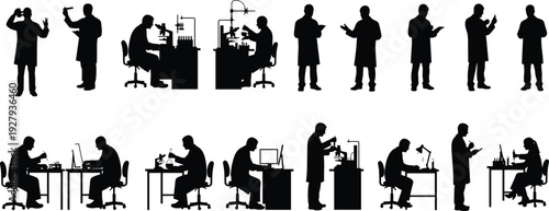 Collection of black silhouettes of people gardening and planting, featuring male and female figures watering, digging soil, and using wheelbarrow isolated on white background vector.