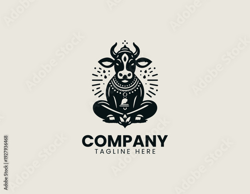 Sacred cow sitting calmly with decorative necklace and bell is presented as bold monochrome vector logo on clean white background