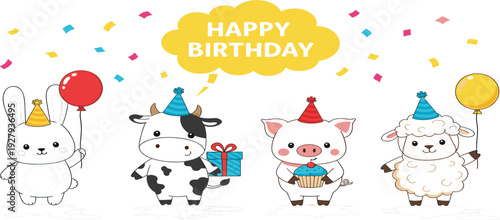Cute farm animals birthday cartoon vector with rabbit, cow, pig, sheep, balloons, cupcake and gift