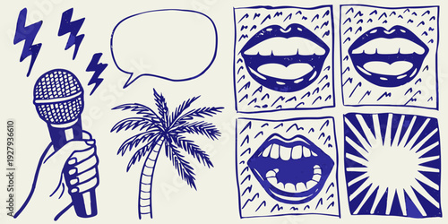 A playful collection of pop art doodles lips microphone and tropical elements
