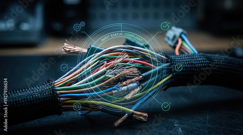 Wallpaper Mural Audit status compliant concept with close up of multicolored electrical wires and cables with exposed copper strands on dark surface, technology and inspection theme Torontodigital.ca