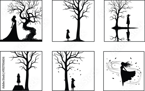 Collection of Melancholic and Artistic Silhouettes Featuring Women and Bare Trees Representing Solitude Loneliness Winter Season Nature Reflections 