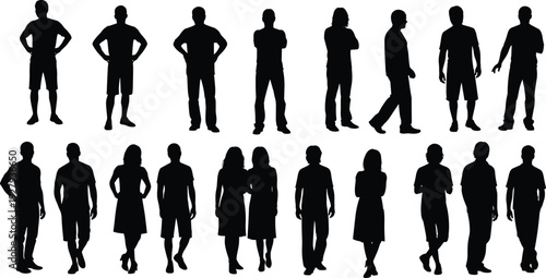 Collection of black silhouettes featuring men and women in casual summer clothing standing in various poses including walking hands on hips and confident postures on white