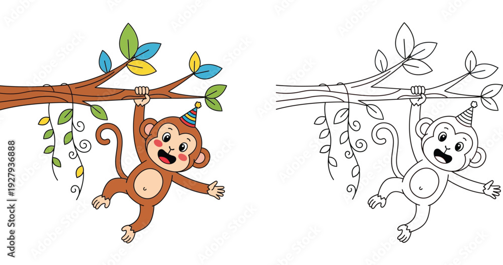Naklejka premium Cute cartoon monkey hanging on a tree branch wearing a party hat, colored and black and white coloring page vector illustration
