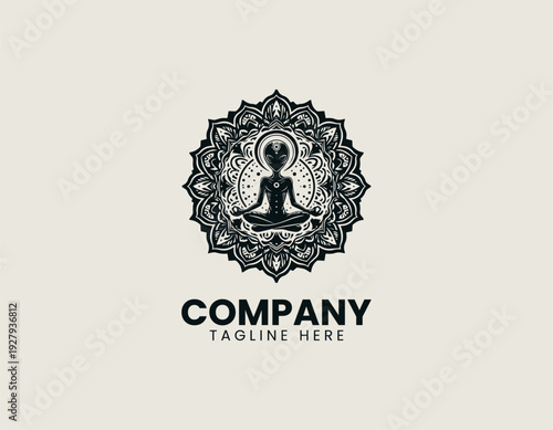 Meditating alien figure inside ornate mandala pattern is presented as bold monochrome vector logo on clean white background for spiritual and sci fi branding