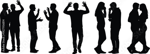 Collection of black silhouettes featuring men and women in various social interactions including talking whispering arguing and a romantic couple embrace isolated on white background