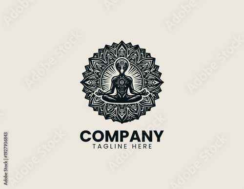 Meditating alien figure inside ornate mandala pattern is presented as bold monochrome vector logo on clean white background for spiritual and sci fi branding