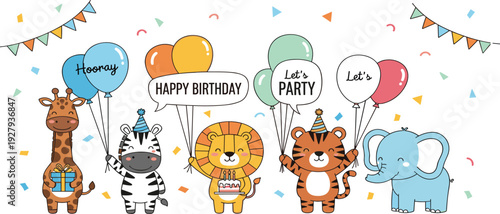 Cute safari animals birthday cartoon vector with giraffe, zebra, lion, tiger, elephant and party balloons