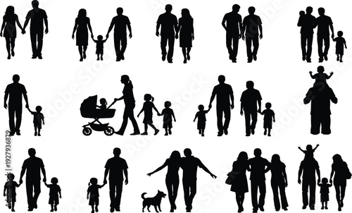 Silhouette vector illustration of families walking together with children and parents, family lifestyle concept, love and togetherness, parenting and relationships