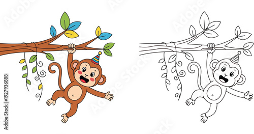 Cute cartoon monkey hanging on a tree branch wearing a party hat, colored and black and white coloring page vector illustration