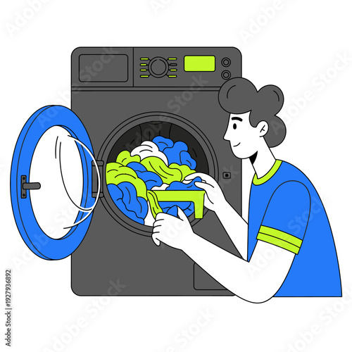 Person loading colorful clothes into a washing machine.