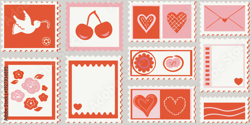 A collection of decorative postage stamps with romantic and floral designs