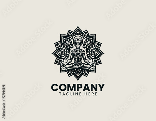 Meditating alien figure inside ornate mandala pattern is presented as bold monochrome vector logo on clean white background for spiritual and sci fi branding