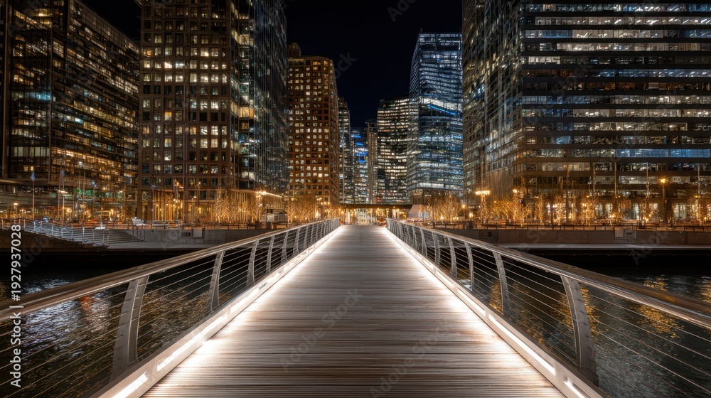 Obraz premium Illuminated Cityscape with Modern Architecture and Pathway at Night Featuring Skyscrapers and Reflections on Water