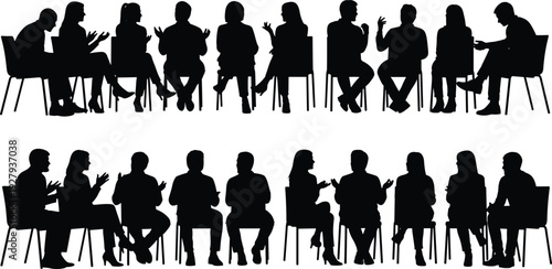 Collection of black silhouettes featuring men and women sitting in chairs in a circle for group discussion meeting or workshop isolated on white background