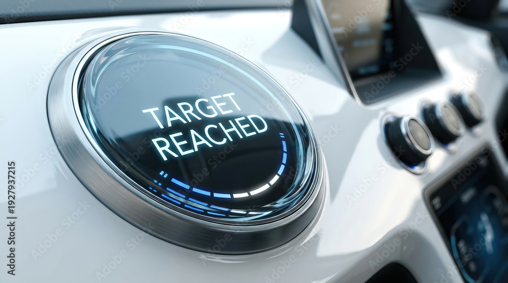 Obraz premium Target reached button on modern car dashboard, close up of futuristic control panel with illuminated display, technology concept for achievement and success