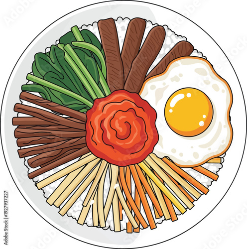 Bibimbap korean rice bowl with vegetables meat and fried egg food