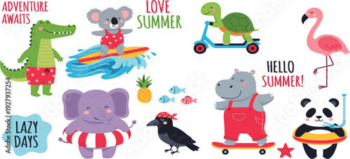 Cute summer animals cartoon vector set with crocodile, koala, turtle, flamingo, elephant, panda and holiday quotes