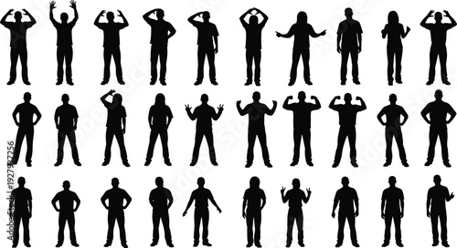Collection of black silhouettes featuring men and women standing in various poses including hands on head waving gesturing and arm stretches isolated on white background