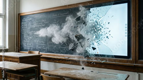 Wallpaper Mural Classroom chalkboard shattering into digital screen, symbolizing education technology disruption, digital transformation learning, innovation schools, online education, and future smart classrooms. Torontodigital.ca