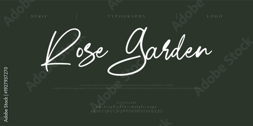 Rose Garden, Luxury script alphabet letters font with tails. Typography elegant classic lettering serif fonts and number decorative vintage retro concept for logo branding. vector illustration

