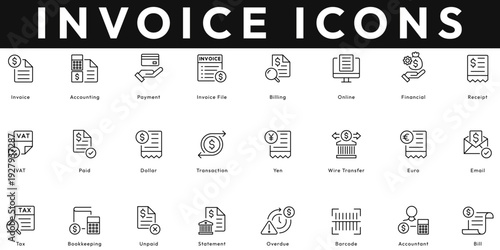 Invoice icon collection contains accounting, payment, billing, financial, receipt, paid, dollar, currency, email, barcode, overdue, statement, bookkeeping. Editable stroke vector illustration icon set