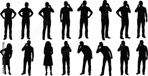 Collection of black silhouettes featuring men and women using smartphones in various poses including talking on phone listening and standing isolated on white background