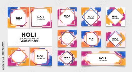 A vibrant Holi Festival social media template with colorful powder-inspired designs and rainbow borders for Instagram and business promotions