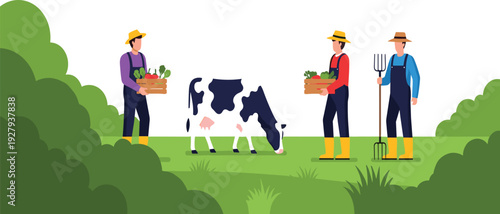Farmers working on dairy farm vector illustration with cow, fresh vegetables, pitchfork and rural agriculture scene