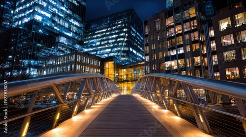 Nighttime Cityscape View Featuring a Modern Pedestrian Bridge Connecting Urban Buildings with Illuminated Windows