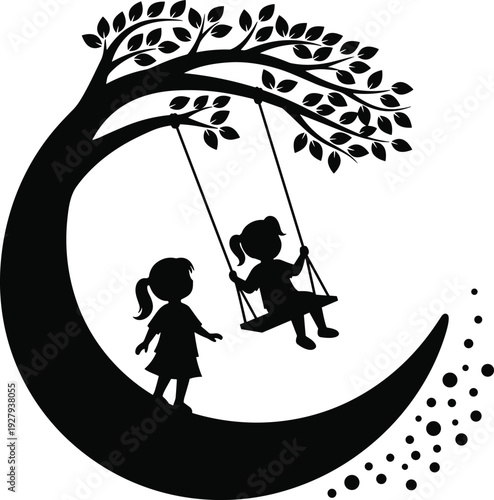 Silhouetted Tree and Crescent Moon with Two Young Girls Playing on a Swing and Stardust for Whimsical Childhood Dreams Concept