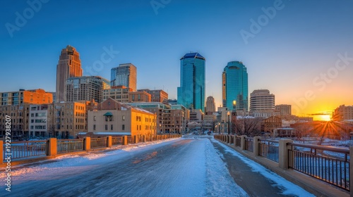 Scenic City Skyline at Sunset with Snowy Path and Contemporary Architecture Reflected in Golden Light