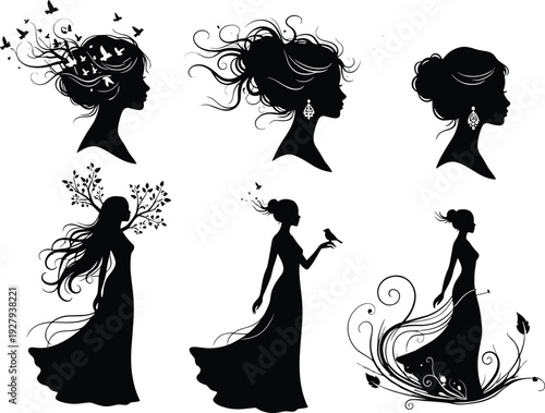 Collection of Artistic Female Silhouettes with Nature Elements Birds Flowers and Swirls for Creative Graphic Design Wedding Invitations Hair Salon Branding or Elegant Wall Decor