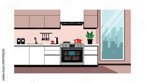 Modern kitchen interior with city view and cooking essentials