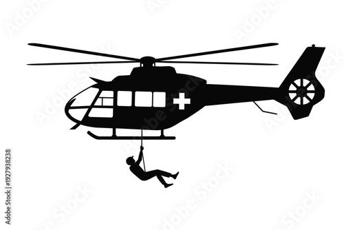 A black silhouette of a rescue helicopter with a suspended figure