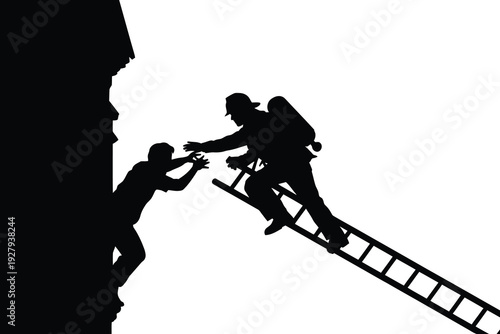 Silhouetted figures demonstrate teamwork reaching out to assist someone climbing