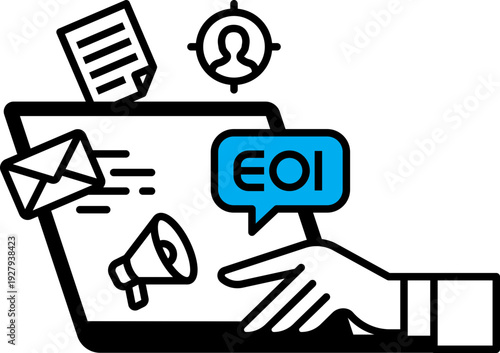 Expressions of interest document writing using laptop spot illustration