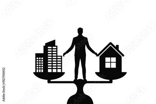 A silhouette of a man balancing city and house on scales