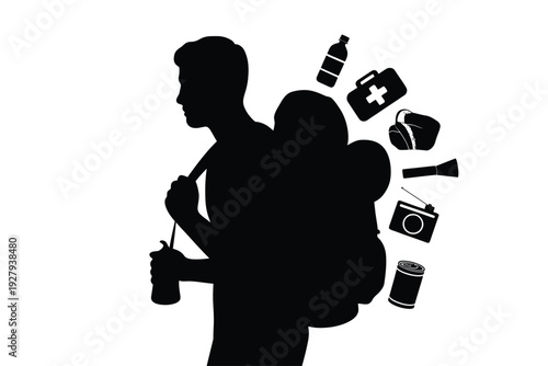 Silhouette of a person burdened by numerous plastic items and waste