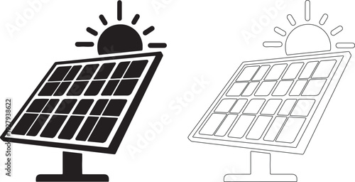 Black solar panel with sun rays and outline version