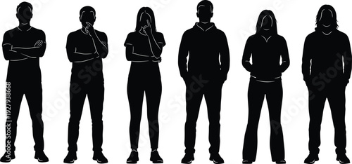 Collection of black silhouettes featuring young men and women standing in casual outfits and hoodies in various contemplative poses isolated on a white background