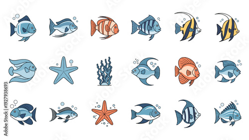 Colorful collection of tropical fish and marine life species in a detailed line art style ideal for aquarium or ocean conservation themes.